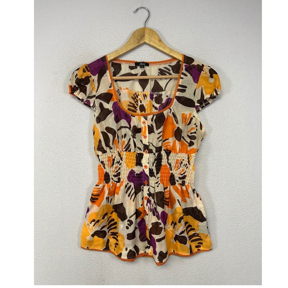 Boho Cottagecore Sele Women Size M Multicolor Abstract Floral Smocked Peplum Top